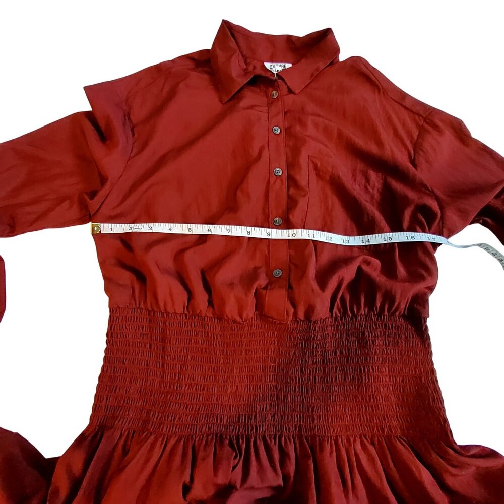 Future Collective Womens Red Long Sleeve Button-Up Smocked Waist Midi Dress M - Picture 3 of 10